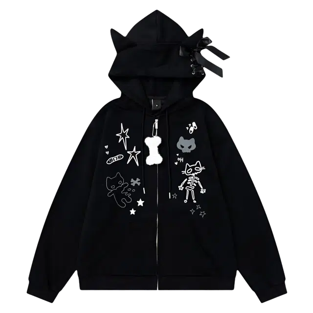 笔杏 美式高街复古个性小骨头印花骷髅小猫图案设计长袖韩式甜酷学院风宽松舒适休闲通勤拉链开衫二次元时尚卫衣 男女同款