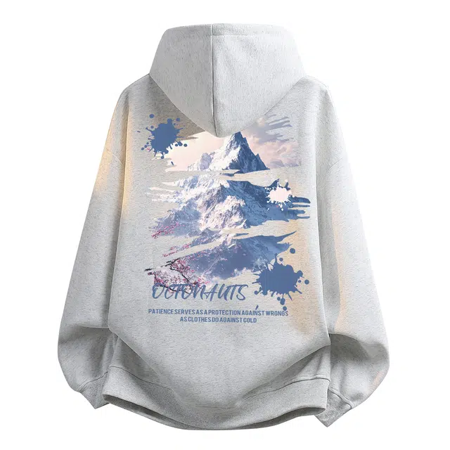 海底小纵队 潮人必备美式复古高街拼接雪山峰花卉涂鸦字母印花简约休闲户外透气落肩套头口袋高级感百搭连帽宽松情侣款卫衣 男女同款