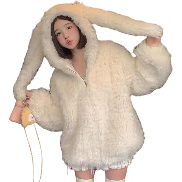 纤丝鸟 可爱毛绒绒兔耳朵洋气女宽松软糯外套针织衫 女款