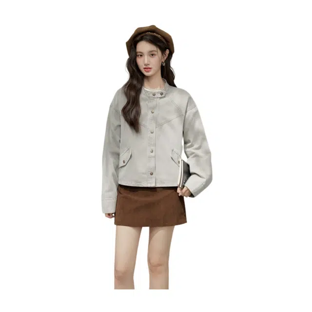 荟萃阁 韩版宽松短款水洗复古工装夹克上衣女牛仔外套 女款