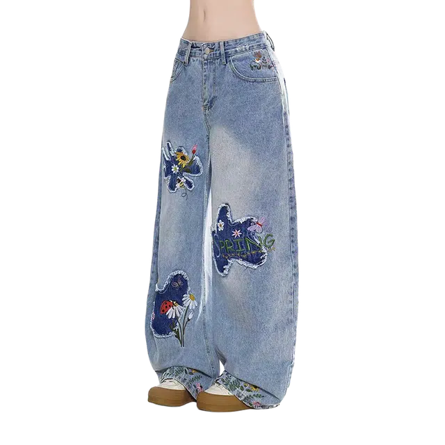 一碗士多 水洗做旧刺绣压花美式复古高街时尚流行痞帅个性高级设计日常通勤宽松舒适百搭不挑人牛仔裤 男女同款