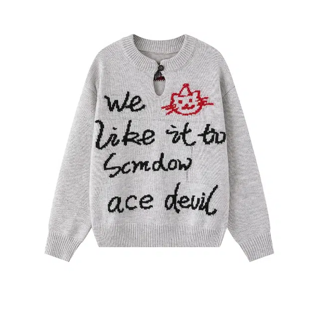 虫小绿 韩系穿搭甜美猫咪涂鸦套头毛衣外套秋冬季设计感慵懒高级感休闲宽松上衣百搭情侣针织衫 男女同款