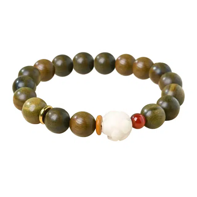 琛宬 招财纳福转运雕刻菩提莲花新中式平安喜乐好运莲莲复古国潮国风小众设计高级感文玩盘玩#好运 绿檀 木作手串 男女同款情侣款