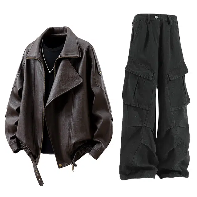 梓润格 美式潮流复古街头感双层领设计廓形机车痞帅夹克时尚简约纯色高级感宽松百搭日常舒适褶皱阔腿直筒裤休闲运动套装 男女同款