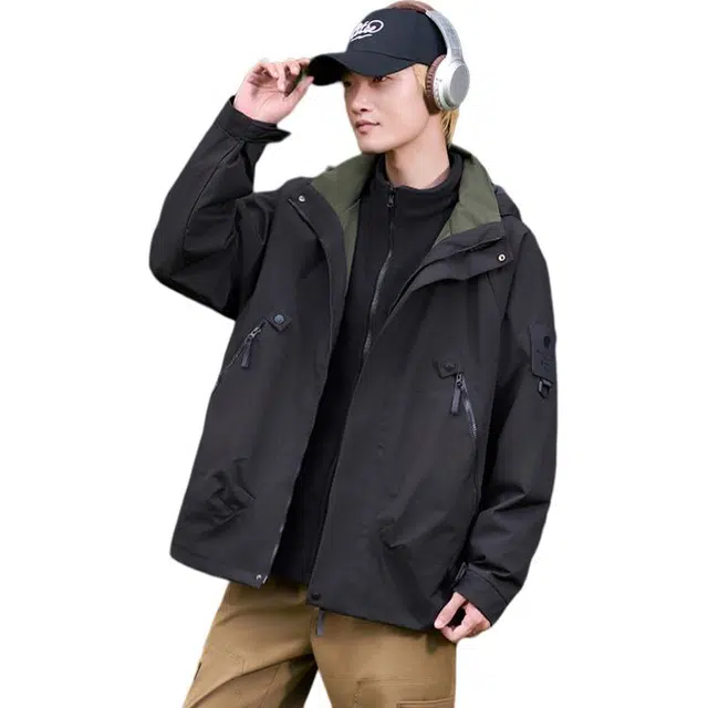 么宁 山系户外风连帽工装休闲外套防风三合一情侣加厚冲锋衣简约百搭舒适透气夹克 男女同款