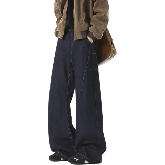 加荣 美式复古解构裁剪明线牛仔裤男秋季水洗做旧弯刀裤男生潮牌街头直筒裤男款休闲百搭阔腿裤男装高级感痞帅男士微喇长裤 男女同款