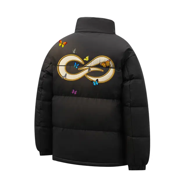 物质公式 鸭绒美式复古高街仿刺绣蝴蝶无限循环字母印花设计感小众无帽潮流宽松百搭休闲户外通勤加厚保暖御寒不臃肿面包服羽绒服 男女同款