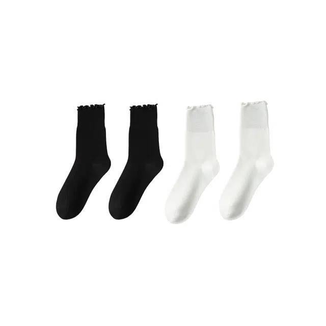 皇室品轩 袜子女秋冬款纯色学院风木耳花边袜透气亲肤月子袜日系潮流堆堆袜 中筒袜 女款