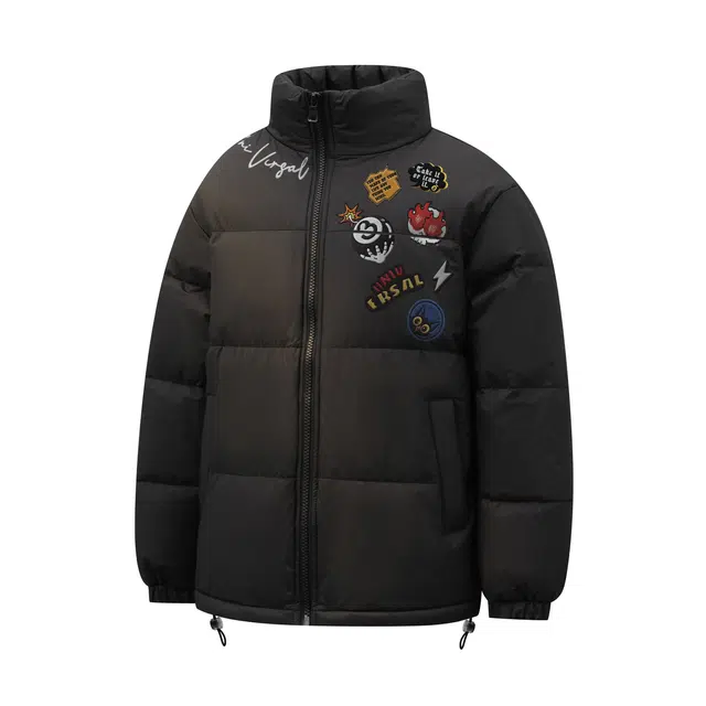 物质公式 美式复古高街趣味徽章印花加厚保暖锁温御寒防风防水面包服棉袄宽松百搭舒适休闲户外运动潮流立领高级感短款外套羽绒服 男女同款