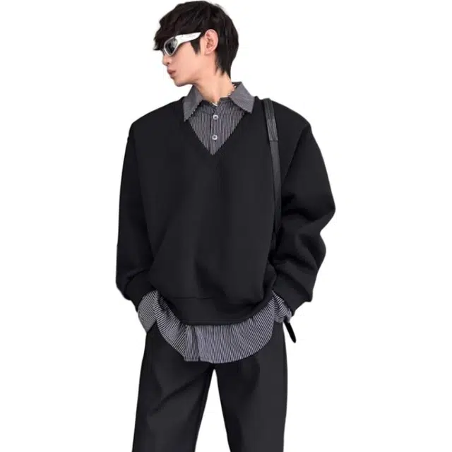 拓菲 假两件衬衫领拼接男士春秋季款美式复古高级感痞帅上衣卫衣 男女同款