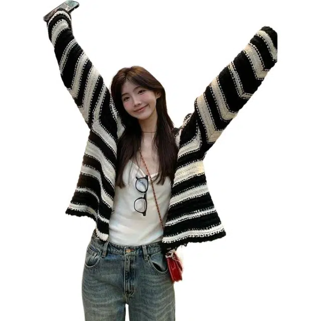 纤丝鸟 韩系复古撞色条纹外套时尚破坏感宽松开衫上衣针织衫 女款