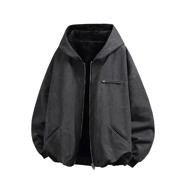 梓润格 美式潮流复古高街时尚感纯色简约高级感双拉链连帽加绒落肩袖外套保暖宽松舒适日常百搭户外通勤无性别主义棉衣 男女同款