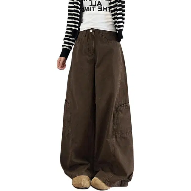 如续 潮流秋冬加绒新美式辣妹工装风阔腿高腰显瘦长裤舒适垂感休闲百搭牛仔裤 女款