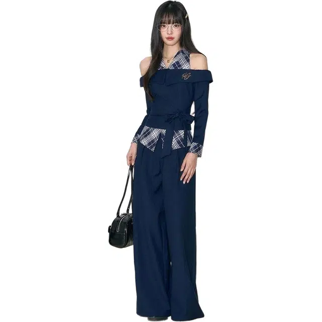 纤丝鸟 美式撞色格纹拼接挂脖设计感绑带露肩长袖上衣宽松百搭长裤两件套裙装套装 女款