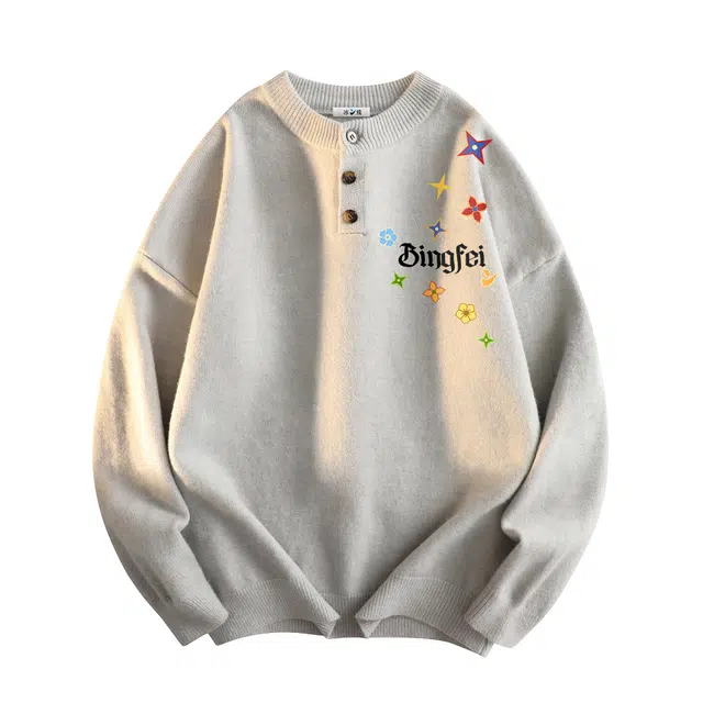 冰飞 美式复古高街花卉字母简约基础款软糯亨利领打底衫亲肤舒适柔软百搭毛线衣无性别主义宽松休闲慵懒保暖套头长袖针织衫 男女同款