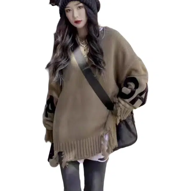 纤丝鸟 复古美式宽松慵懒风外穿套头圆领长袖中长款上衣针织衫 女款