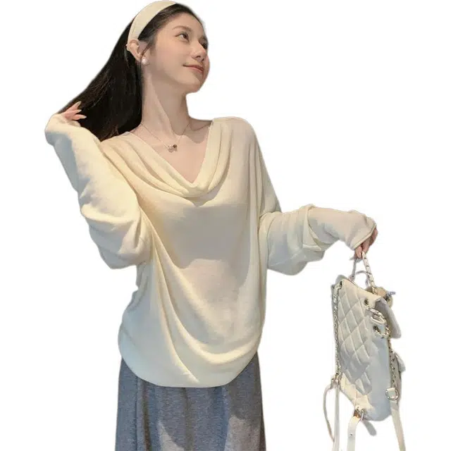 沐晓欣 气质荡领斜肩一字肩显瘦长袖上衣针织衫 女款