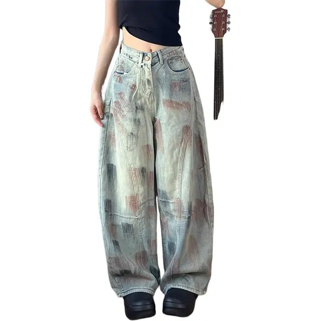 如续 美式脏染做旧弯刀高街宽松复古设计感阔腿牛仔裤 女款