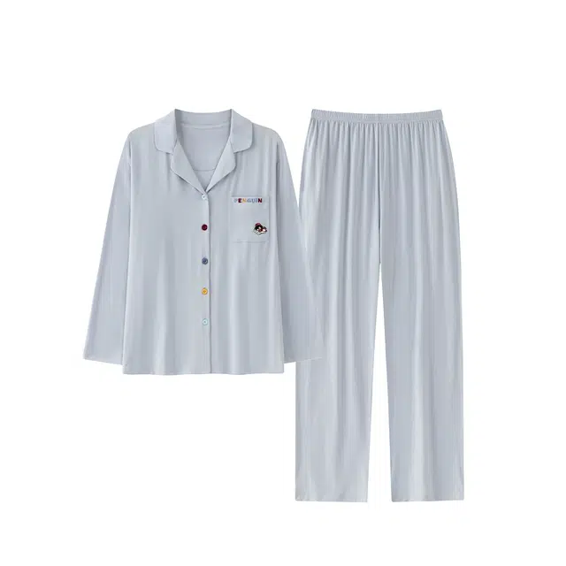 宫蝶 柔软长袖开衫宽松休闲家居服可外穿简约风大码睡衣套装 男女同款