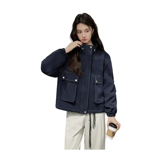 荟萃阁 韩版明线立领时尚休闲宽松加厚棉衣外套夹克棉服 女款