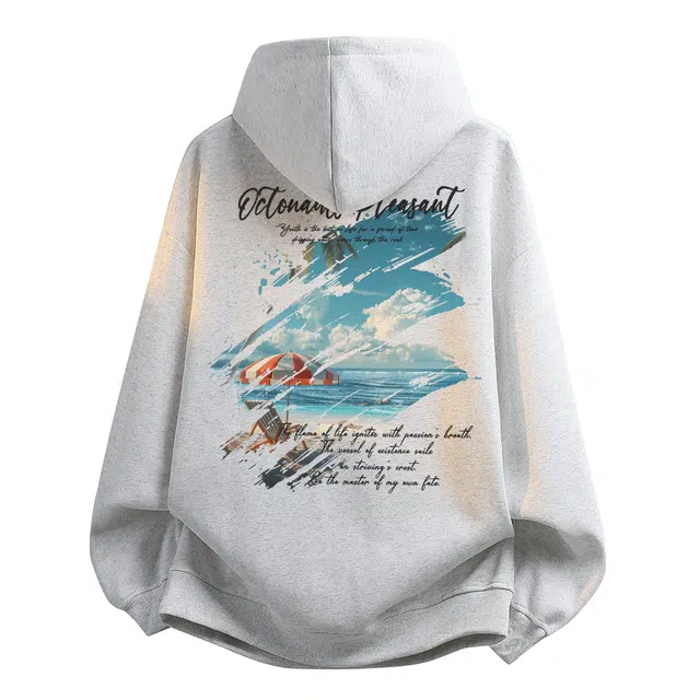 海底小纵队 美式高街爪痕撕裂度假风蓝天白云手签后背印花宽松潮流慵懒休闲长袖落肩套头连帽学院风个性时尚单品百搭卫衣 男女同款