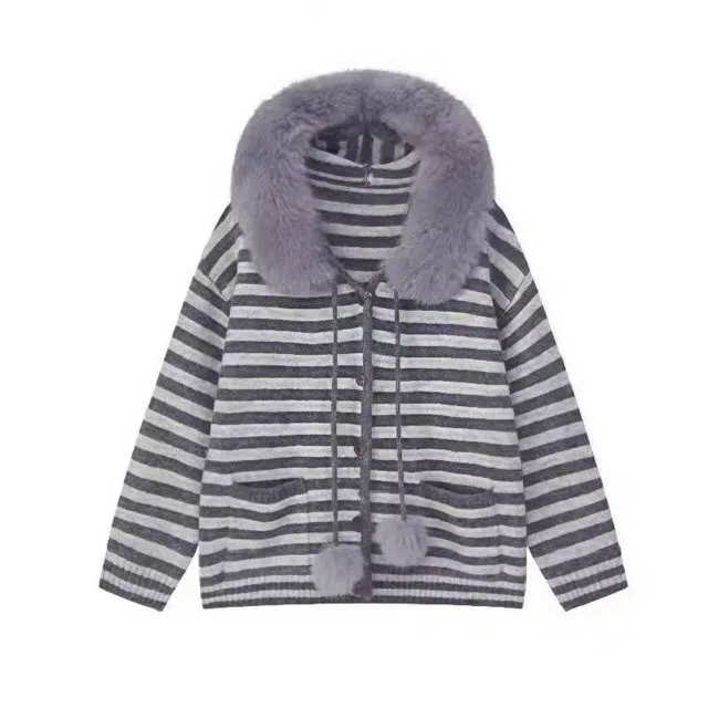 红蜻蜓 复古慵懒风条纹连帽可拆卸毛领外套开衫休闲百搭时尚针织衫 女款