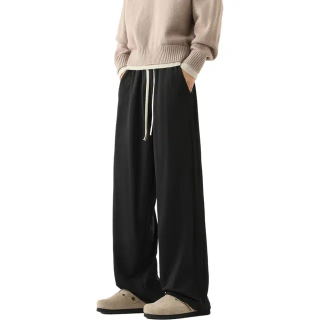 图兰朵 美式复古高街基础款系带简约卫裤宽松直筒针织运动裤巴黎柳叶弯刀裤高级感中腰显高显瘦百搭日常通勤柔软舒适休闲裤 男女同款