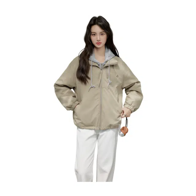 荟萃阁 拼接假两件连帽休闲加厚夹棉外套女上衣韩版夹克 女款