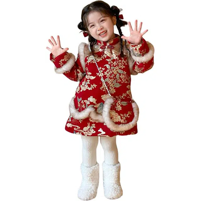 帕兰朵裙装套装 女童时尚洋气舒适加绒加厚保暖拜年服冬装冬季红色中国风旗袍儿童女宝裙两件套