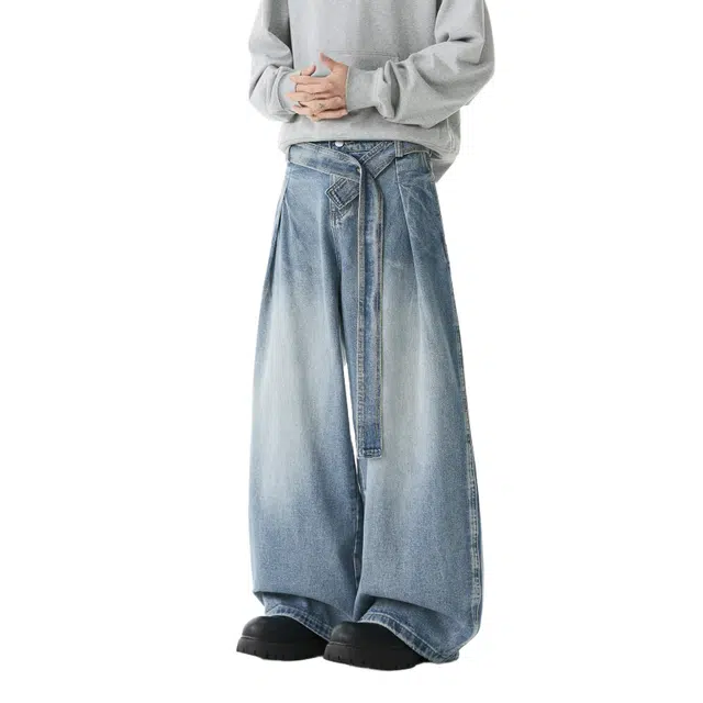 加荣 美式潮流水洗压褶腰带设计牛仔裤男秋季裤子男士宽松慵懒感弯刀裤男休闲百搭阔腿裤男感小众垂感直筒裤男生潮牌长裤 男女同款