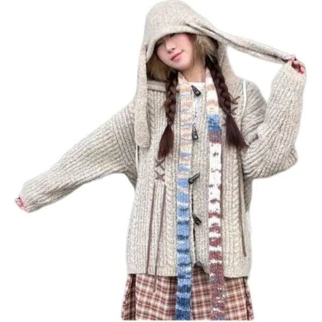 纤丝鸟 美式复古兔耳朵连帽开衫外套宽松慵懒风上衣潮针织衫 女款