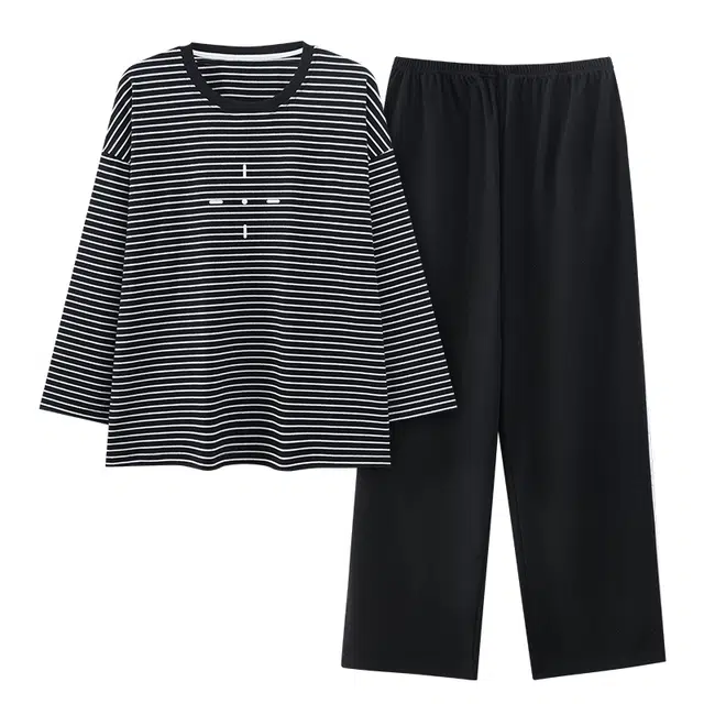 莫代尔 个性休闲简约百搭圆领套头舒适宽松显瘦保暖长袖长裤家居服可外穿女士睡衣套装 女款