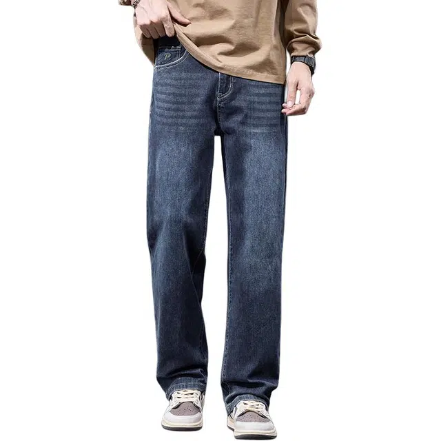 潮人榜 美式高街复古水洗潮牌休闲百搭宽松中腰阔腿直筒牛仔裤 男款