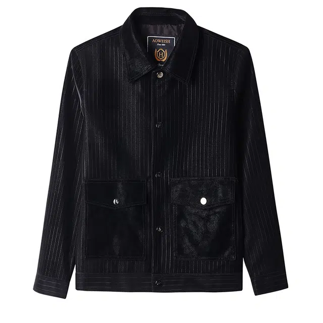 卡丹狄诺 潮流时尚痞帅年轻款条纹翻领皮夹克外套男单排扣铆钉挺括有型轻奢高级感皮衣 男款