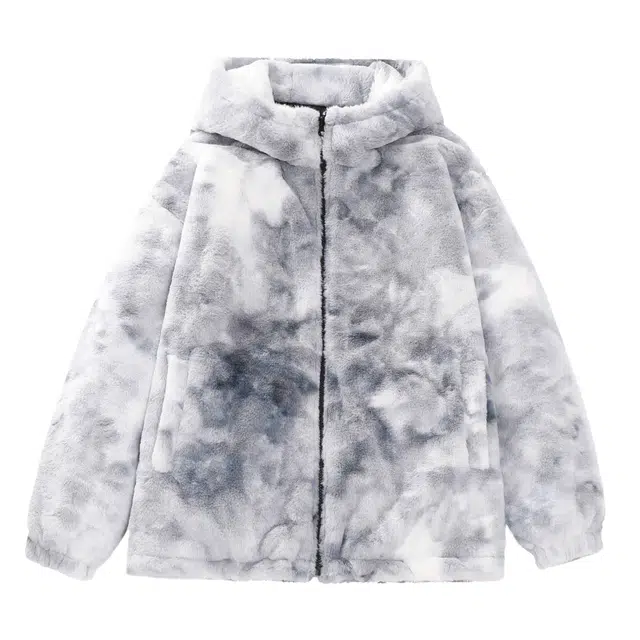 哲源 美式复古扎染羊羔绒基础款上衣加绒加厚时尚个性绒感痞帅休闲短款立领连帽棉服 男女同款