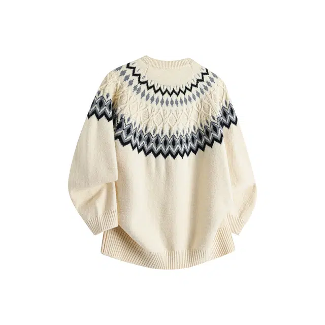 虫小绿 美式复古费尔岛套头毛衣外套绒感慵懒风秋冬季宽松休闲潮流百搭圆领提花针织衫 男女同款