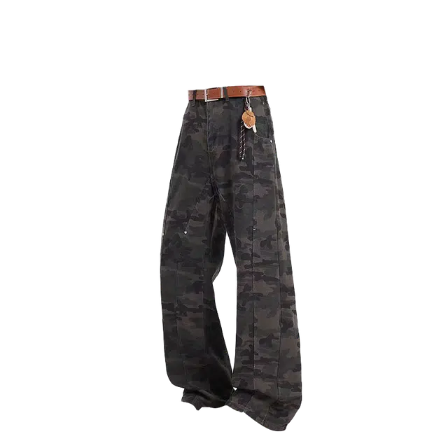 一碗士多 迷彩铆钉拼接解构美式复古高街时尚流行痞帅个性高级设计日常通勤宽松舒适百搭不挑人牛仔裤 男女同款