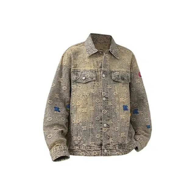 虫小绿 美式复古高街潮牌满印扎染提花植绒刺绣字母图案设计感宽松水洗黄泥染外套时尚潮流通勤百搭翻领单排扣牛仔工装夹克 男女同款