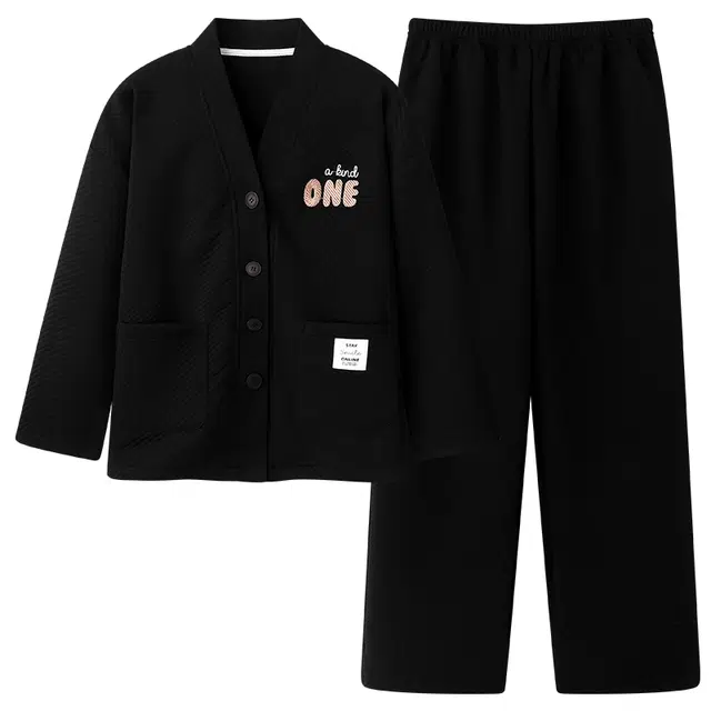 宫蝶 简约风长袖空气棉家居服夹层宽松休闲开衫可外穿大码睡衣套装 男女同款