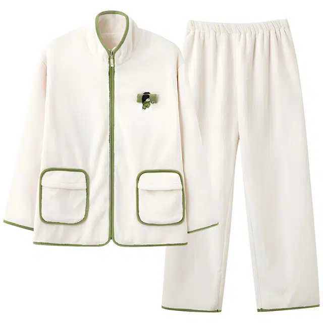 莫代尔 珊瑚绒秋冬季加厚保暖法兰绒简约纯色家居服冬天舒适柔软睡衣套装 女款