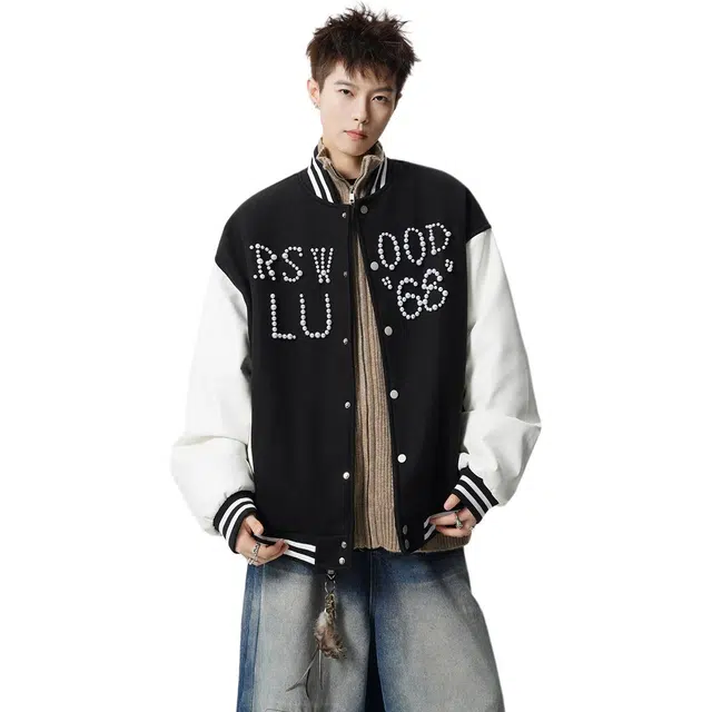 宝米卡 美式潮牌珍珠棒球服秋季撞色拼接宽松休闲百搭情侣外套夹克 男女同款