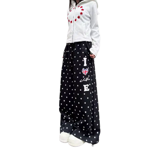 一碗士多 星星印花拼接英文美式复古高街直筒时尚流行痞帅个性高级设计日常通勤宽松舒适百搭不挑人休闲裤 男女同款