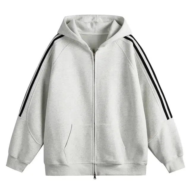 北欧攻略 美式复古学院风宽松连帽撞色条纹双拉链插袋百搭休闲开衫外套卫衣 男女同款