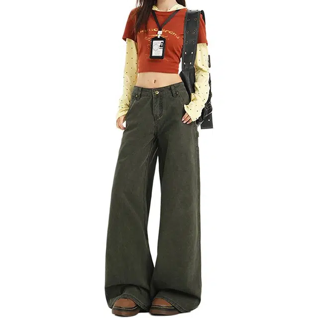 如续 美式复古时尚百搭微喇多口袋珠帆工装裤春秋上新高腰显瘦宽松垂感阔腿拖地裤女生小个子款牛仔裤 女款