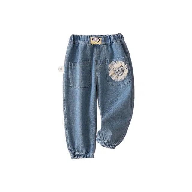 十月妈咪 花卉装饰松紧腰薄款适中长裤束脚牛仔休闲裤 春秋 儿童款 晴天蓝