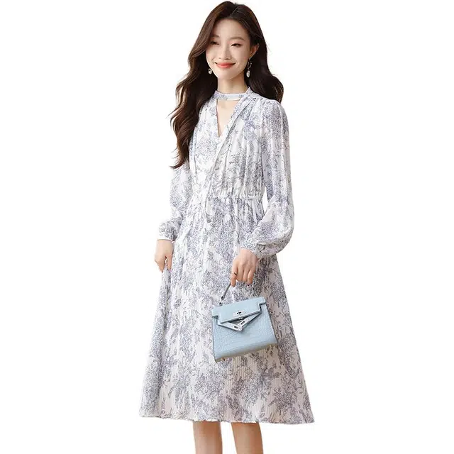 袋鼠 法式复古碎花时尚洋气减龄显瘦中长款裙子长袖连衣裙 女款