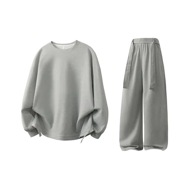 虫小绿 美式复古学院风基础款纯色百搭宽松圆领长袖卫衣搭配简约垂感直筒长裤慵懒风休闲运动套装 男女同款