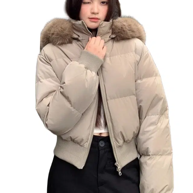 苏九儿 短款加厚收腰保暖毛领连帽面包棉服 女款