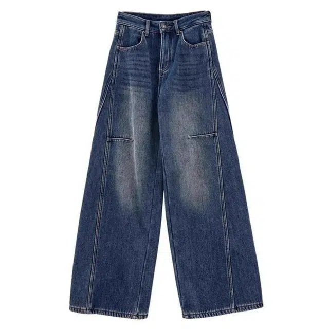 如续 美式复古废土风拖地直筒宽松薄荷曼波弯刀牛仔裤 女款
