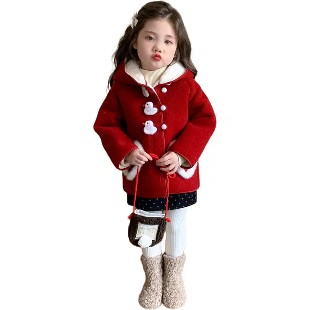 帕兰朵 女童时尚甜美百搭加绒加厚保暖小鸭子呢子外套冬季洋气女孩中长款宝宝冬装棉衣纯色常规款呢大衣 中小童